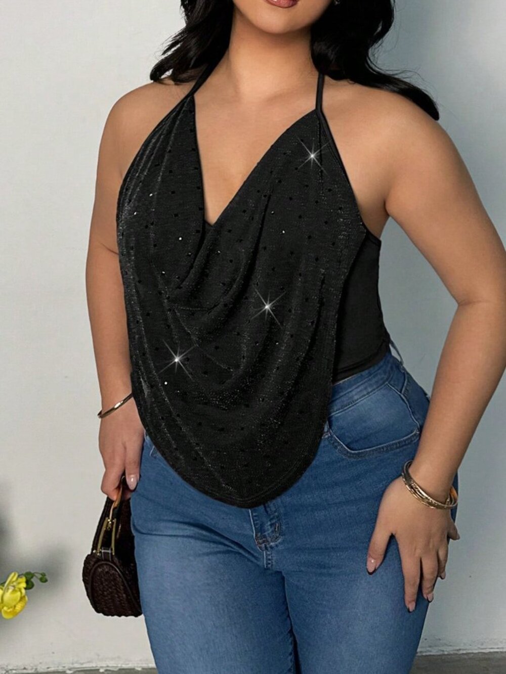 Black Party Women's Plus Size Rhinestone Draped Neck Camisole